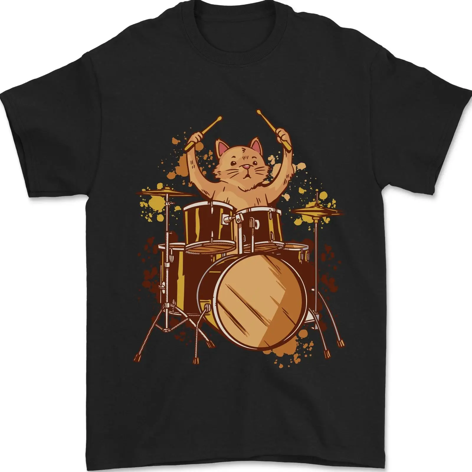 Vintage Fashion Herren - 猫ドラマーのドラム演奏ヘレン T シャツ 100 Baumwolle ヴィンテージウォッシュデザイナー服快適なユニセックスファッションソフトストリートウェア