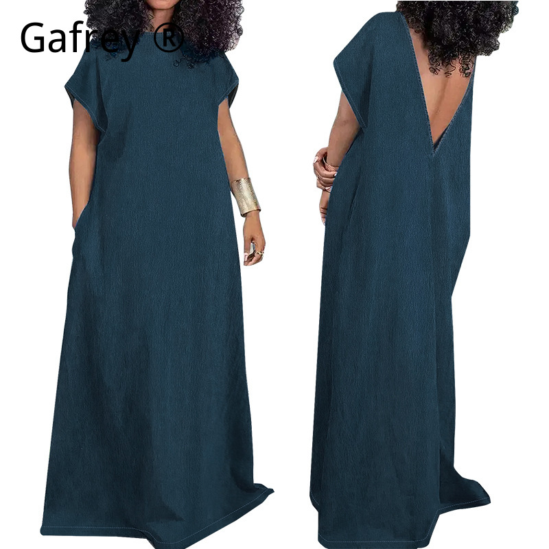 Vintage Fashion Plus Size - XXXXL プラスサイズの女性デニムマキシドレスノースリーブバックレスカジュアルスリムフィットヴィンテージファッションロングジーンズドレスエレガントなパーティー衣装