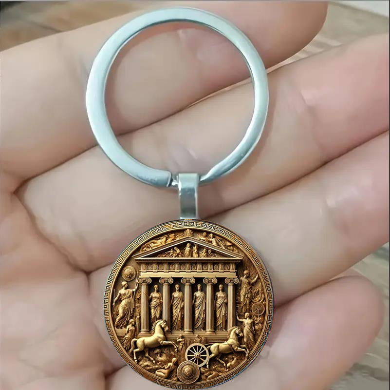 Vintage Fashion Enthusiasts - 古代ギリシャ神話の円形ギリシャ寺院キーホルダー、ヴィンテージギリシャキーパターン、歴史愛好家へのギフト