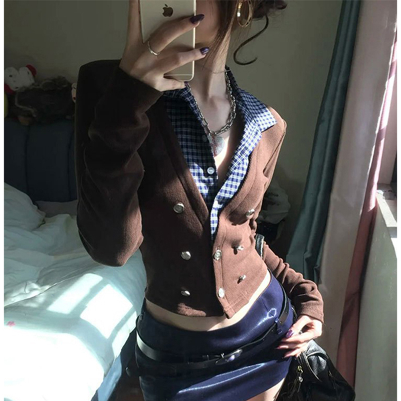 Crop Cardigan Vintage - MEXZT Y2K クロップドニットカーディガン女性チェック柄パッチワークセーターアウター原宿ヴィンテージニットウェア冬ギャルスリムジャンパー