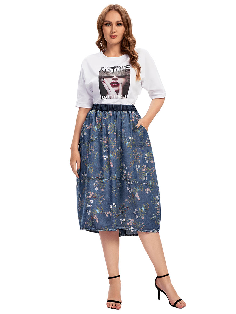 Vintage Fashion Plus Size - レディースカジュアルブルーデニムスカート,ハイウエスト,フレア丈,ヴィンテージスカート,伸縮性,ラージサイズ