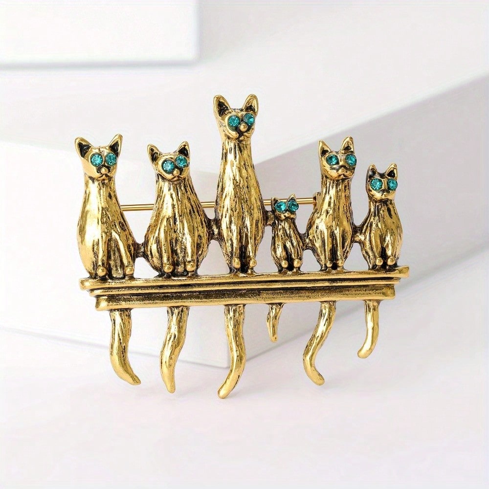 Vintage Fashion Enthusiasts - ヴィンテージ ゴールドトーン 猫ファミリー ブローチ - ティールラインストーンの目、かわいいマルチキャットデザイン、猫愛好家/デイリースタイリングに最適、理想的なギフト