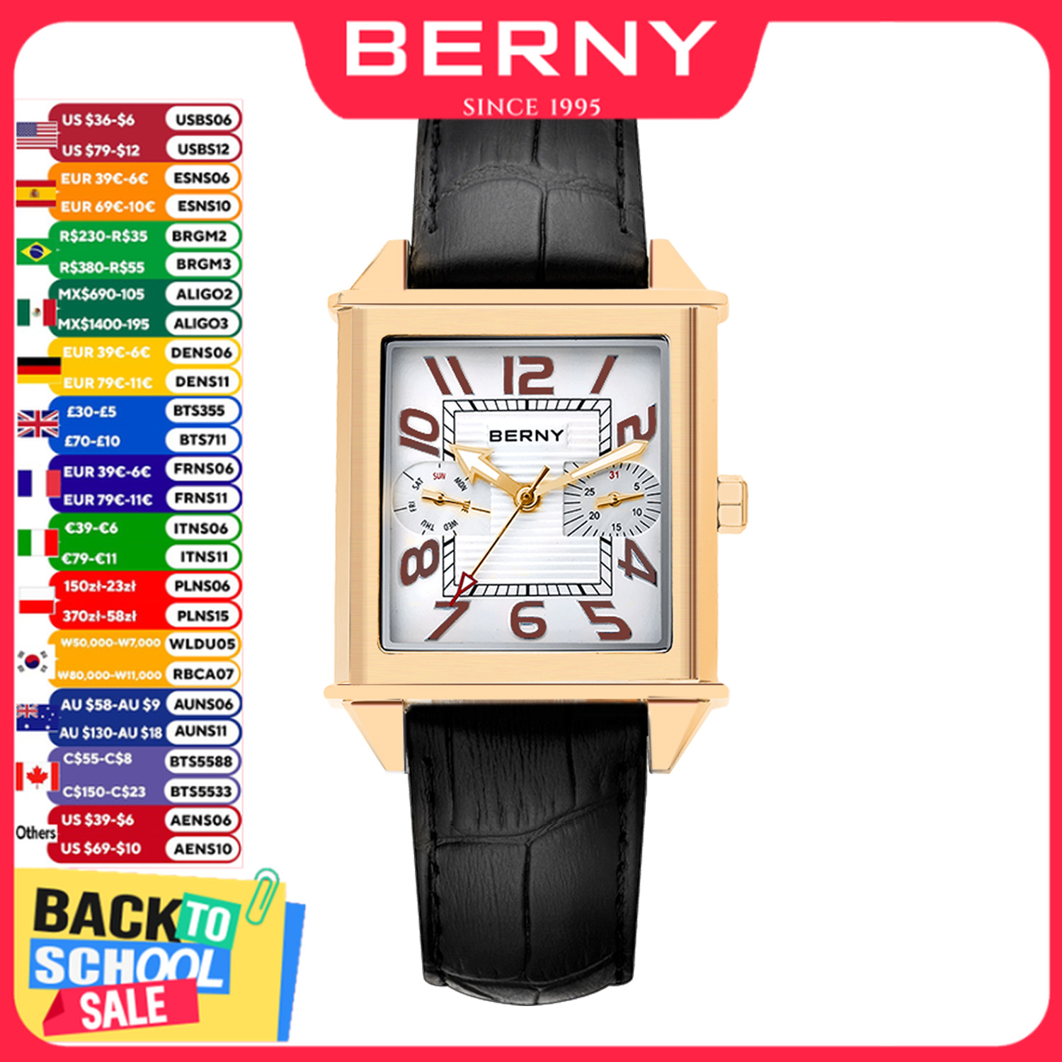Vintage Fashion Week - BERNY 6P25 クォーツ時計男性用ゴールデンニュースクエア腕時計ヴィンテージデイトップレザー 3ATM 防水高級時計男性