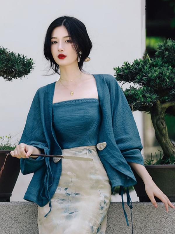 Vintage Fashion Plus Size - プラスサイズ花柄オープンカーディガンストラップホルタースカートセット中国風ヴィンテージ高品質レディースファッション春スリーピースセット