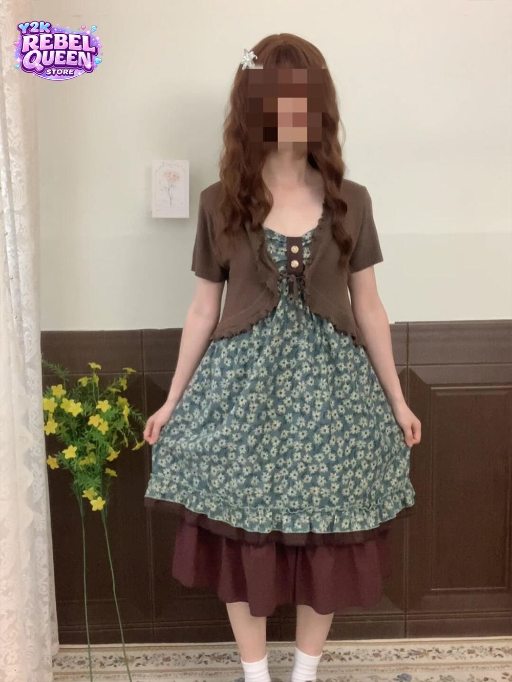 Crop Cardigan Vintage - ヴィンテージスウィートキャミソールドレスセット レディース ディスィーフローラルプリント スパゲッティストラップ ラッフルヘム クロップドカーディガン