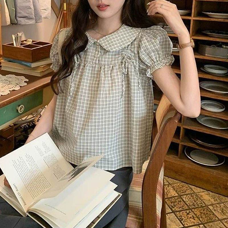 Vintage Fashion Dolls - 女性服プレッピースタイルドールカラー韓国シャツヴィンテージチェック柄夏パフスリーブルーズフォールドスタイリッシュな巾着ブラウス