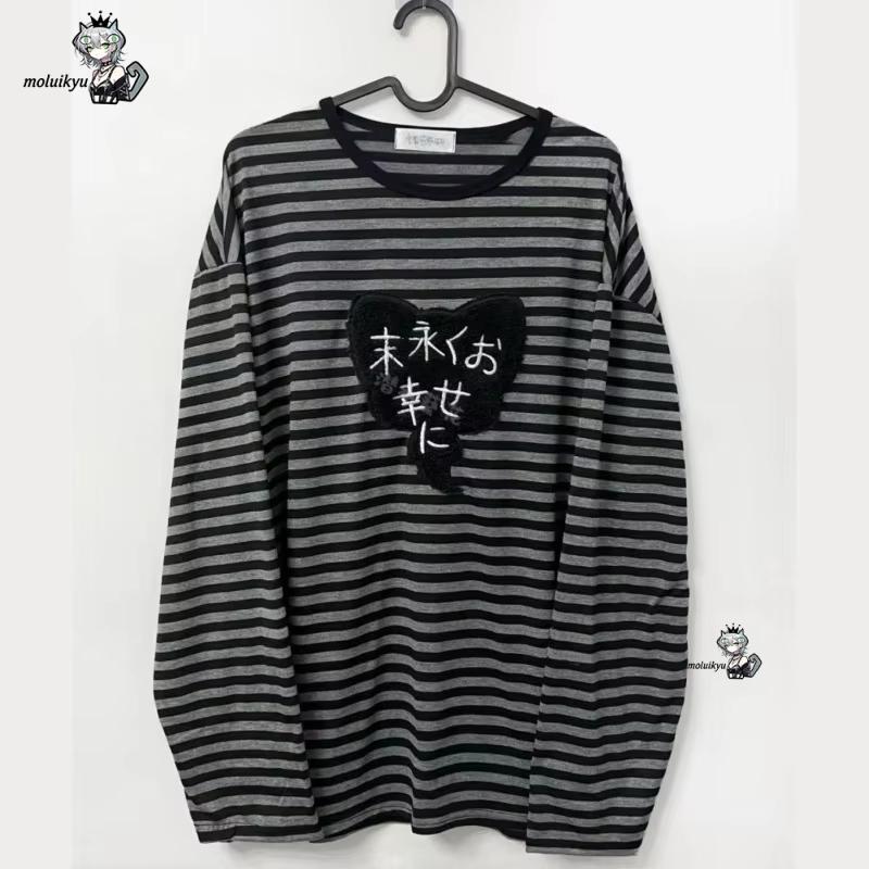 Vintage Fashion - Y2K アメリカンパンクヴィンテージ O ネック長袖シャツオールマッチストライプデザイン原宿刺繍トップス美的ハイストリート Tシャツ