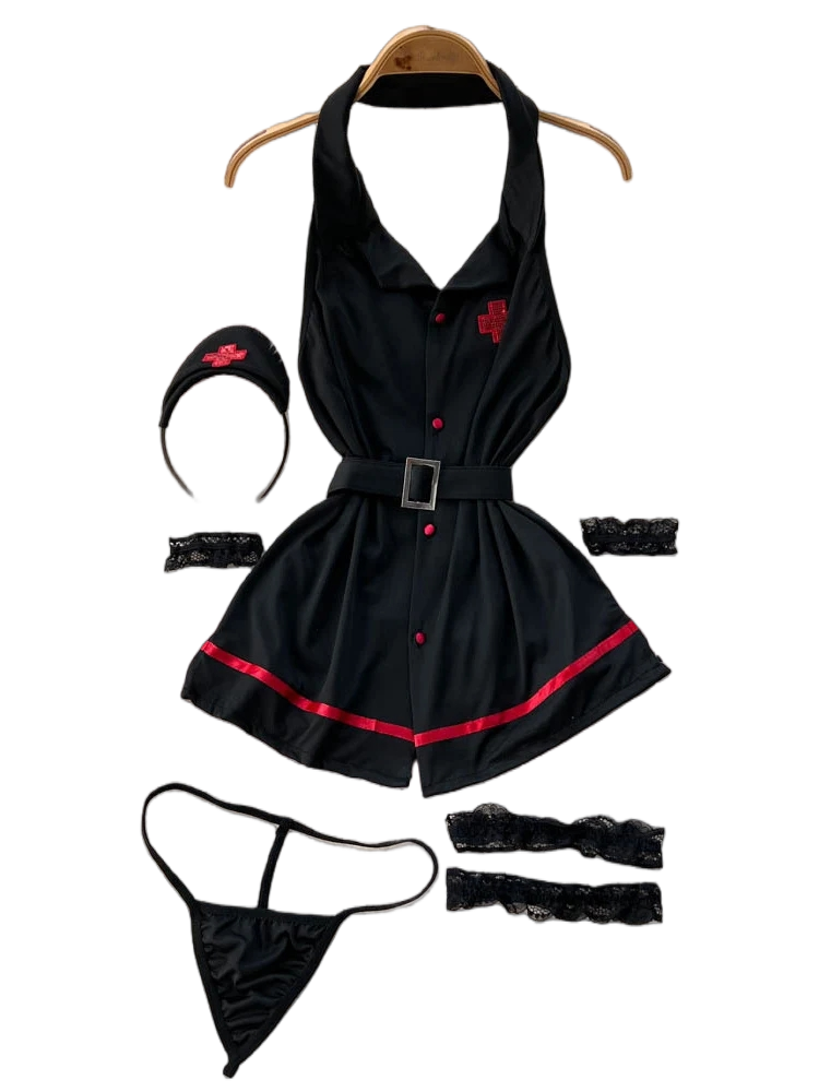 Vintage Fashion - エロティックファッションセクシーなホルターランジェリードレス夏 V ネックヴィンテージベルトスリムランジェリー女性背中の開いたセクシュアリティクラブランジェリーセット