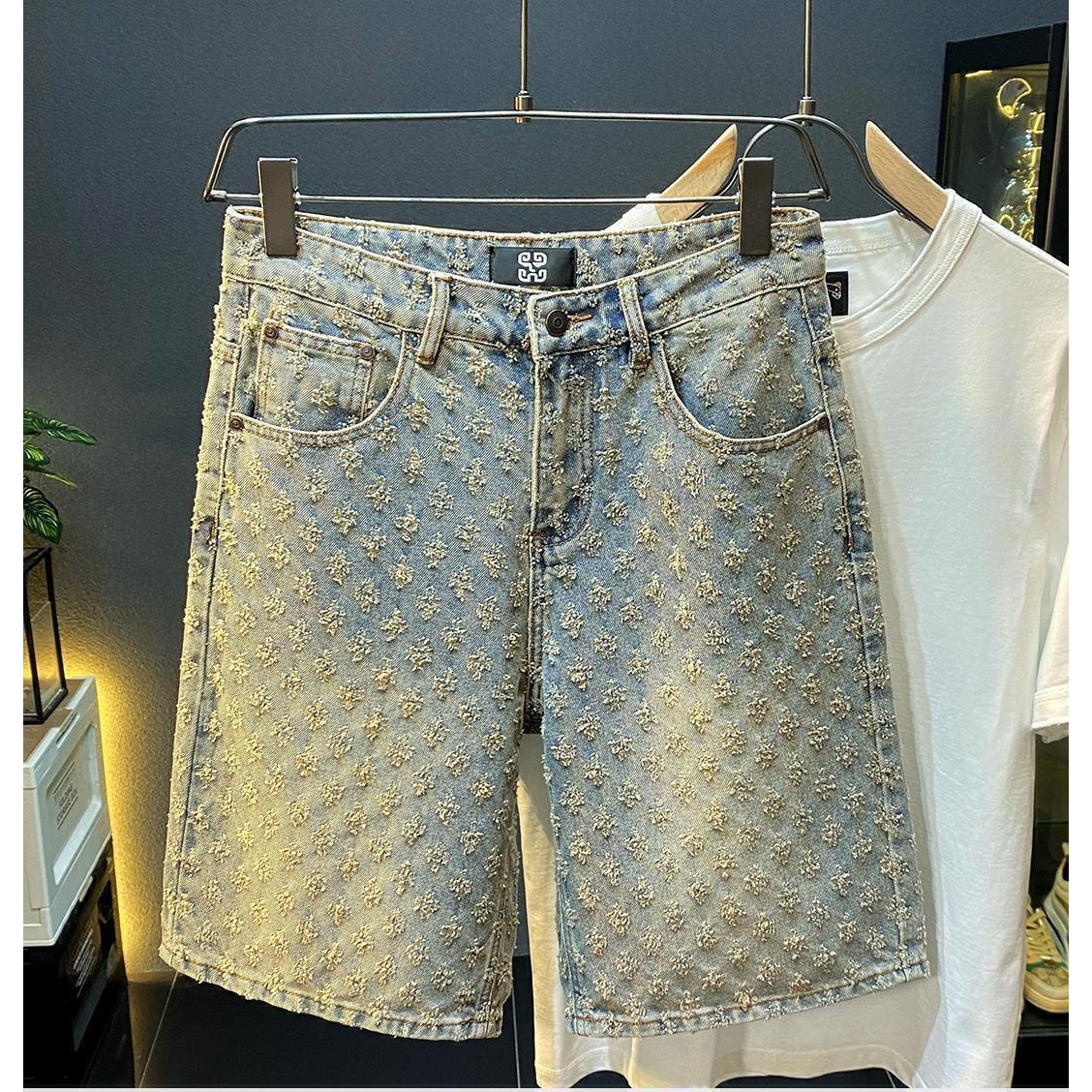 Vintage Fashion Jeans - 夏のハイストリートデニムショーツ メンズカジュアルジーンズショーツ ルーズミッドハイウエスト ファッションヴィンテージ 膝丈デニムショートパンツ メンズ