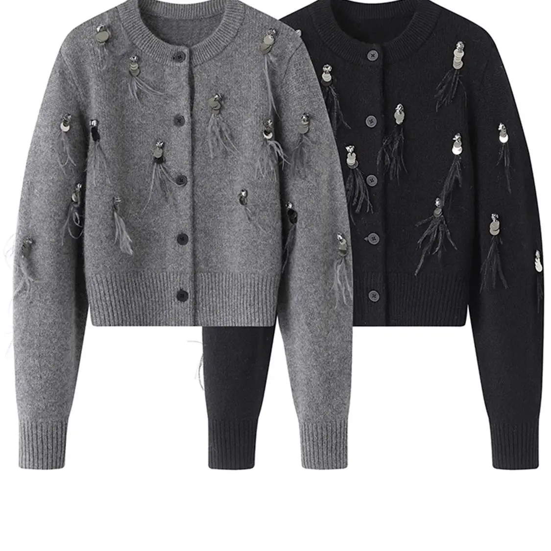 Crop Cardigan Vintage - 秋冬コートハイエンドニットセーターブラックグレーニットカーディガンヴィンテージスパンコールフェザータッセル長袖トップス女性