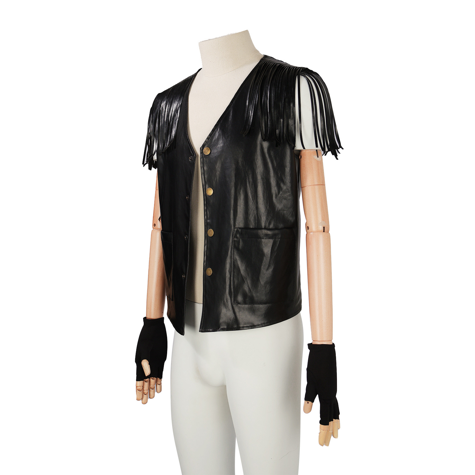 Vintage Ken Fashion - ケンコスプレ衣装ゴシックヴィンテージベスト男性中世ロックベスト PU ジャケットタッセルファッション黒 V ネックルネッサンススチームパンクコート