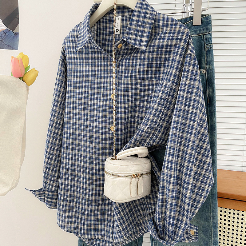 Vintage Fashion - 韓国風ヴィンテージチェック柄シャツ新作春と秋のカジュアル万能トップスゆったり着痩せ万能カレッジ風シャツ