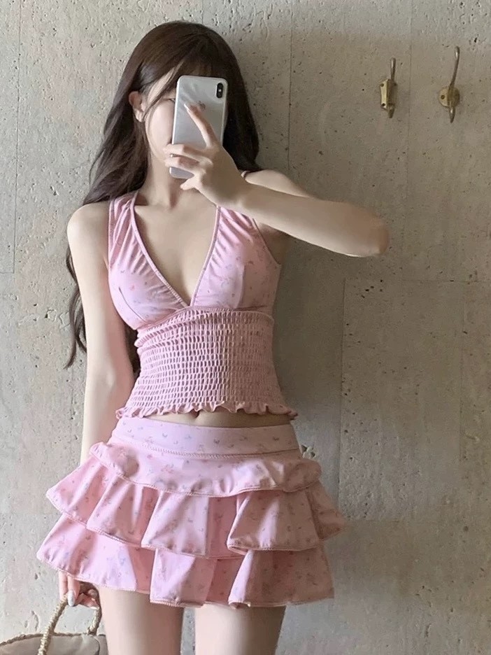 Vintage Fashion - 夏の女性の服痩身タンキニ水着女性控えめなスカート付きビキニセット女性用ポリエステルヴィンテージ花柄プリント