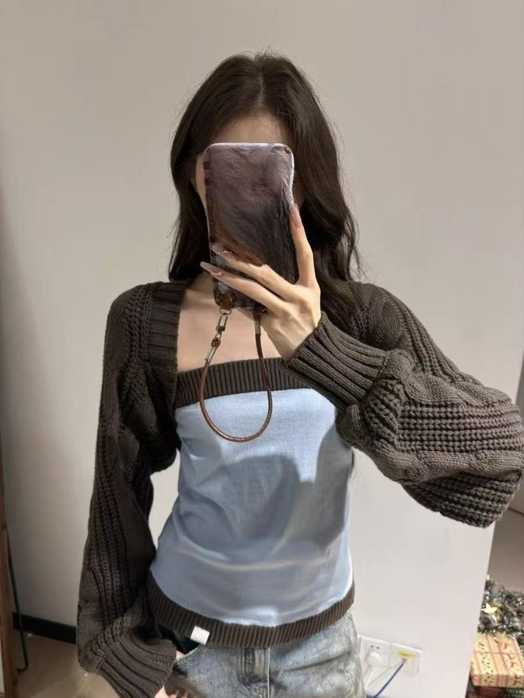 Crop Cardigan Vintage - Y2K風ニットツーピースセット レディース クロップドカーディガン ​ コントラストカラーパッチワークスリムフィットベスト春のヴィンテージグランジスーツ