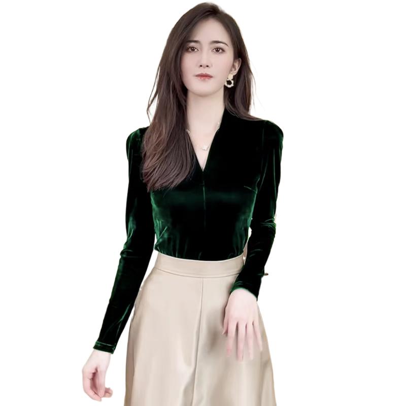 Vintage Fashion Plus Size - ファッションエレガントな V ネック長袖ベロアシャツ韓国ストリート女性スリムベルベットブラウスプラスサイズ秋のベーシックヴィンテージトップス