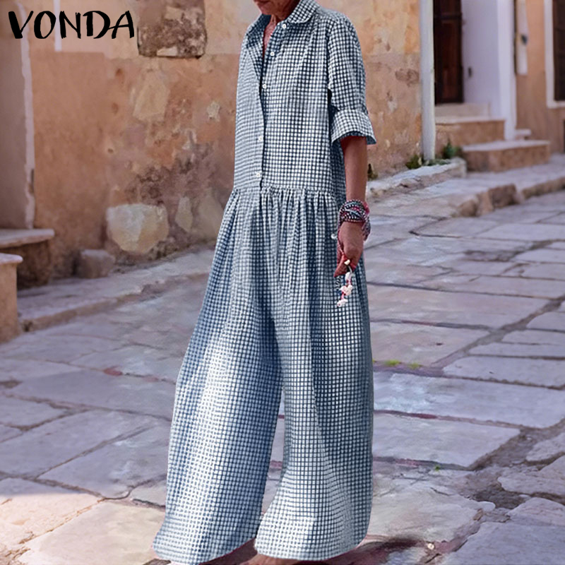 Vintage Fashion Plus Size - プラスサイズ 5XL VONDA ヴィンテージジャンプスーツ女性エレガントなチェック柄ロングオーバーオールファッション 3/4 スリーブカジュアル遊び着ストリートパンツ