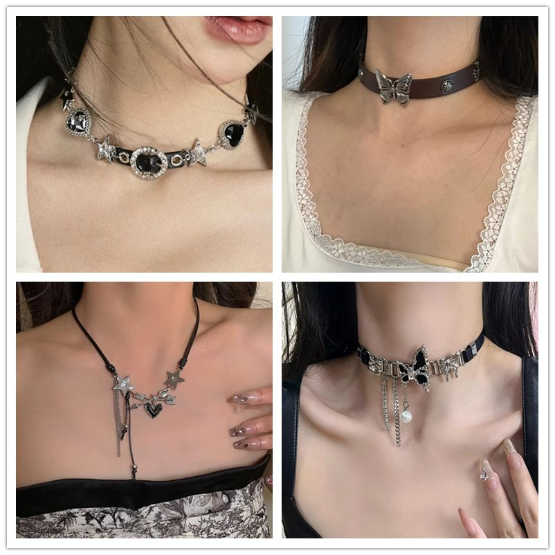 Vintage Fashion Stuff - Y2K ヴィンテージ蝶クロスハートスターネックレス女性男性パンク Pu レザーチョーカージュエリーグランジチャームスタッフ EMO アクセサリー