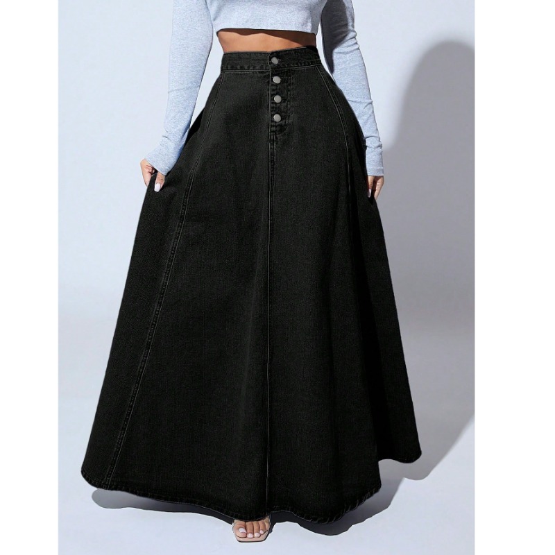 Vintage Fashion Plus Size - プラスサイズ レディース ブラックデニム ロングスカート ハイウエスト シングルボタン
