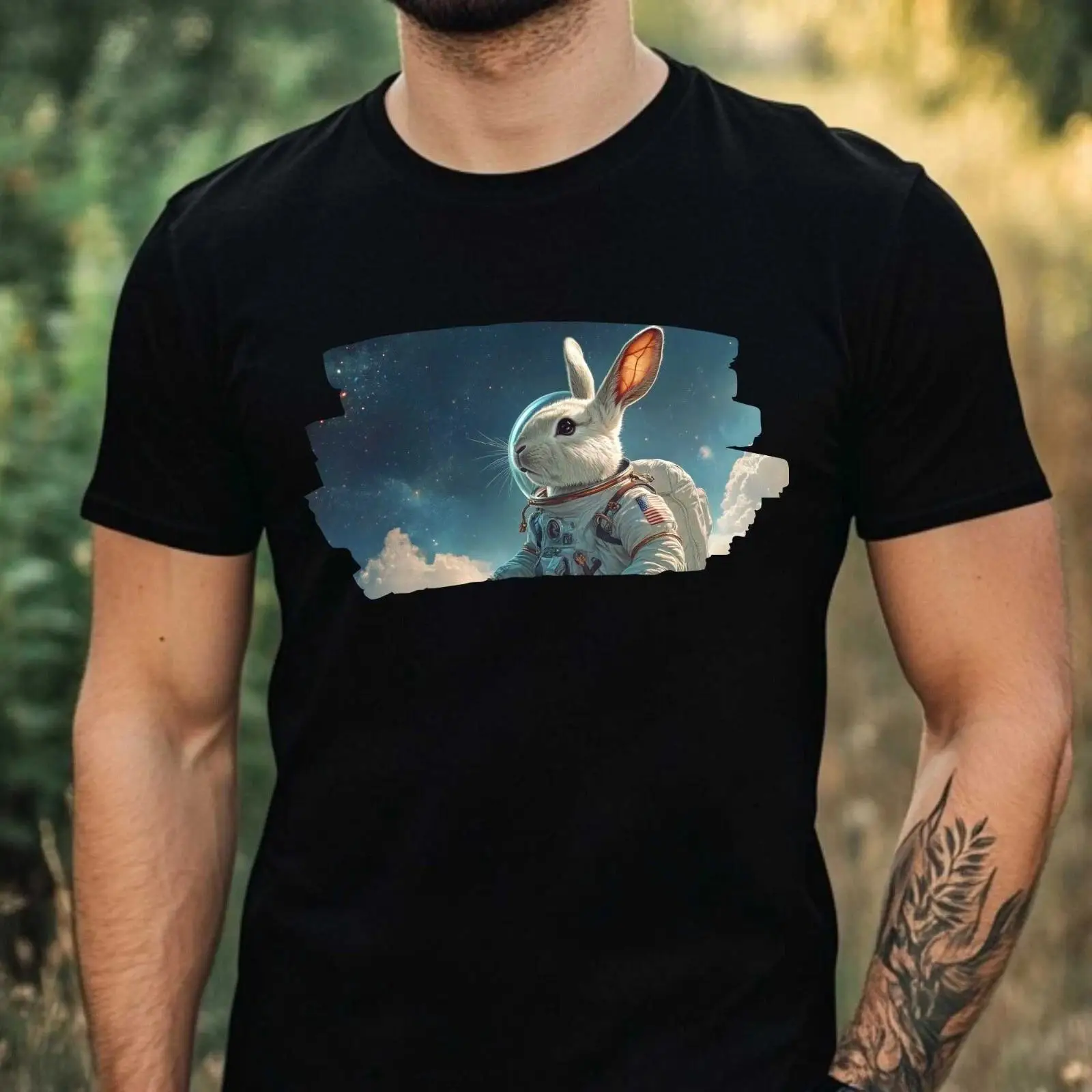 Vintage Fashion Herren - メンズTシャツ ウサギが宇宙飛行士のデザイン 綿100% XS～5XL ヴィンテージ風 ウォッシュ加工