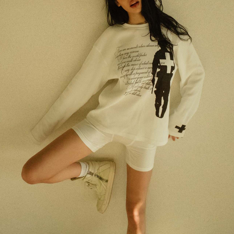 Vintage Fashion - ファッション原宿秋ストリートトレンドヴィンテージプリントラウンドネックTシャツ