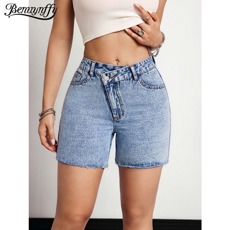 Benuynffy 非対称ウエスト生裾タイトデニムショーツ女 - Vintage Fashion Jeans のレビューと価格