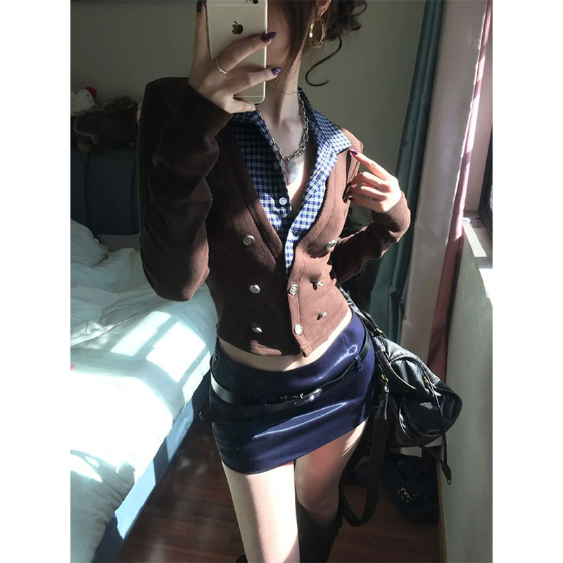 MEXZT Y2K クロップドニットカーディガン女性チェック - Crop Cardigan Vintage のレビューと価格