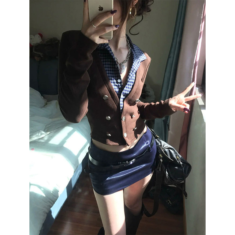 MEXZT Y2K クロップドニットカーディガン女性チェック - Crop Cardigan Vintage のレビューと価格