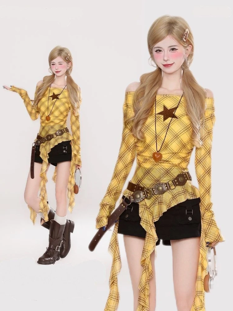 Y2K チェック柄スラッシュネックヴィンテージ T シャツ、 - Vintage Fashion のレビューと価格