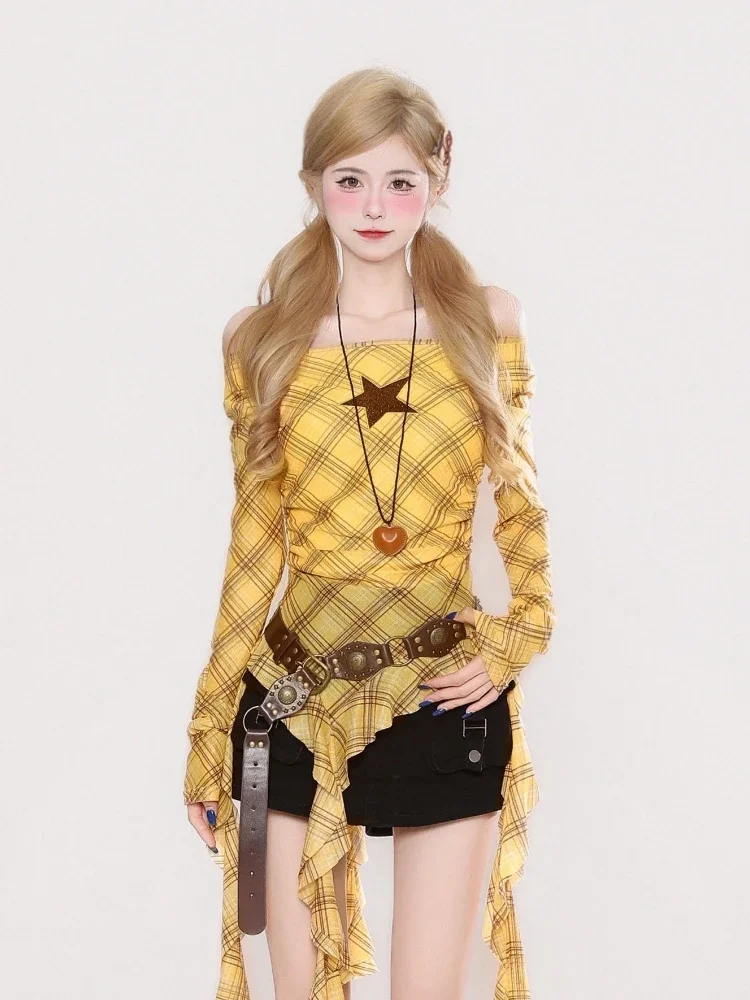 Y2K チェック柄スラッシュネックヴィンテージ T シャツ、 - Vintage Fashion のレビューと価格