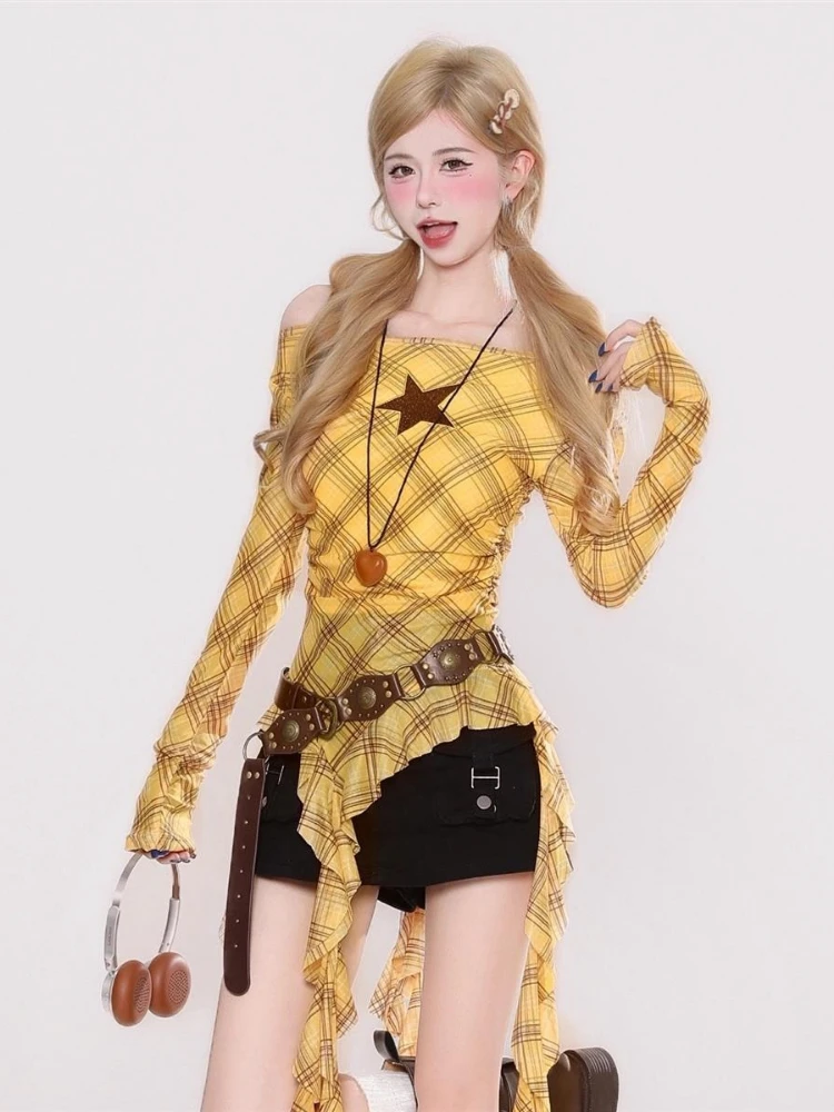 Y2K チェック柄スラッシュネックヴィンテージ T シャツ、 - Vintage Fashion のレビューと価格