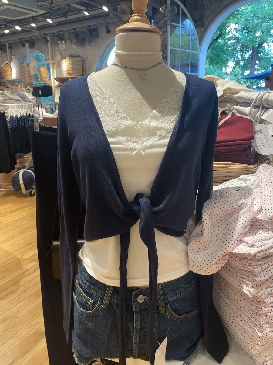 ネイビーレースアップニット長袖Tシャツカーディガン レディー - Crop Cardigan Vintage のレビューと価格