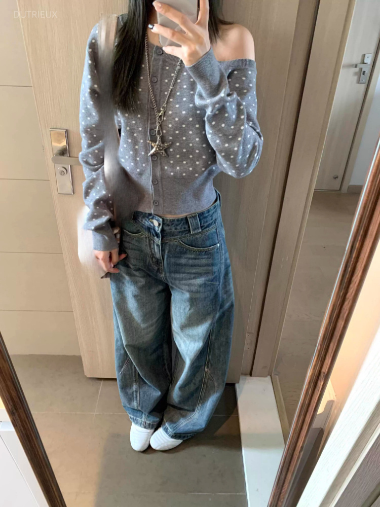 Y2k 美的センスのある斜め襟ポルカドットカーディガンシング - Crop Cardigan Vintage のレビューと価格