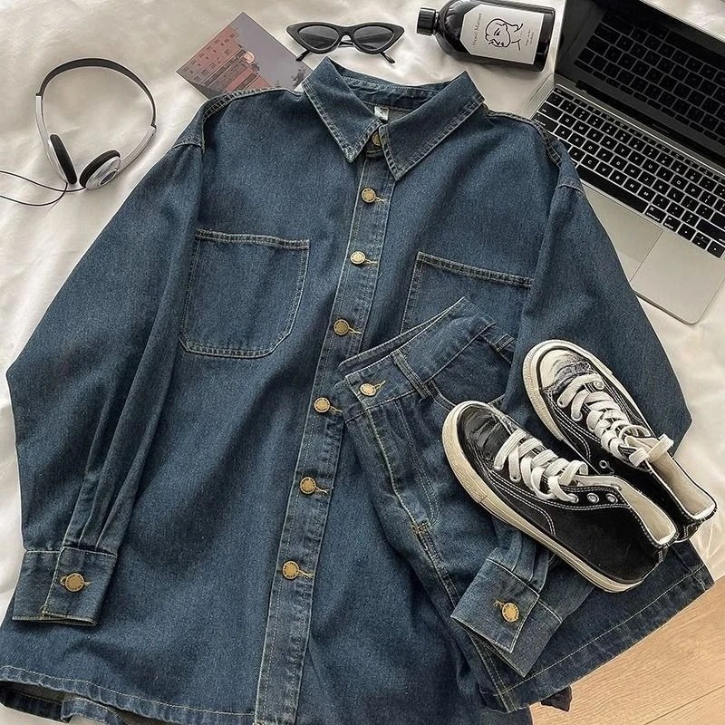 Y2Kデニムスカートセット：ヴィンテージ風和柄ボタンジャケッ - Vintage Fashion のレビューと価格
