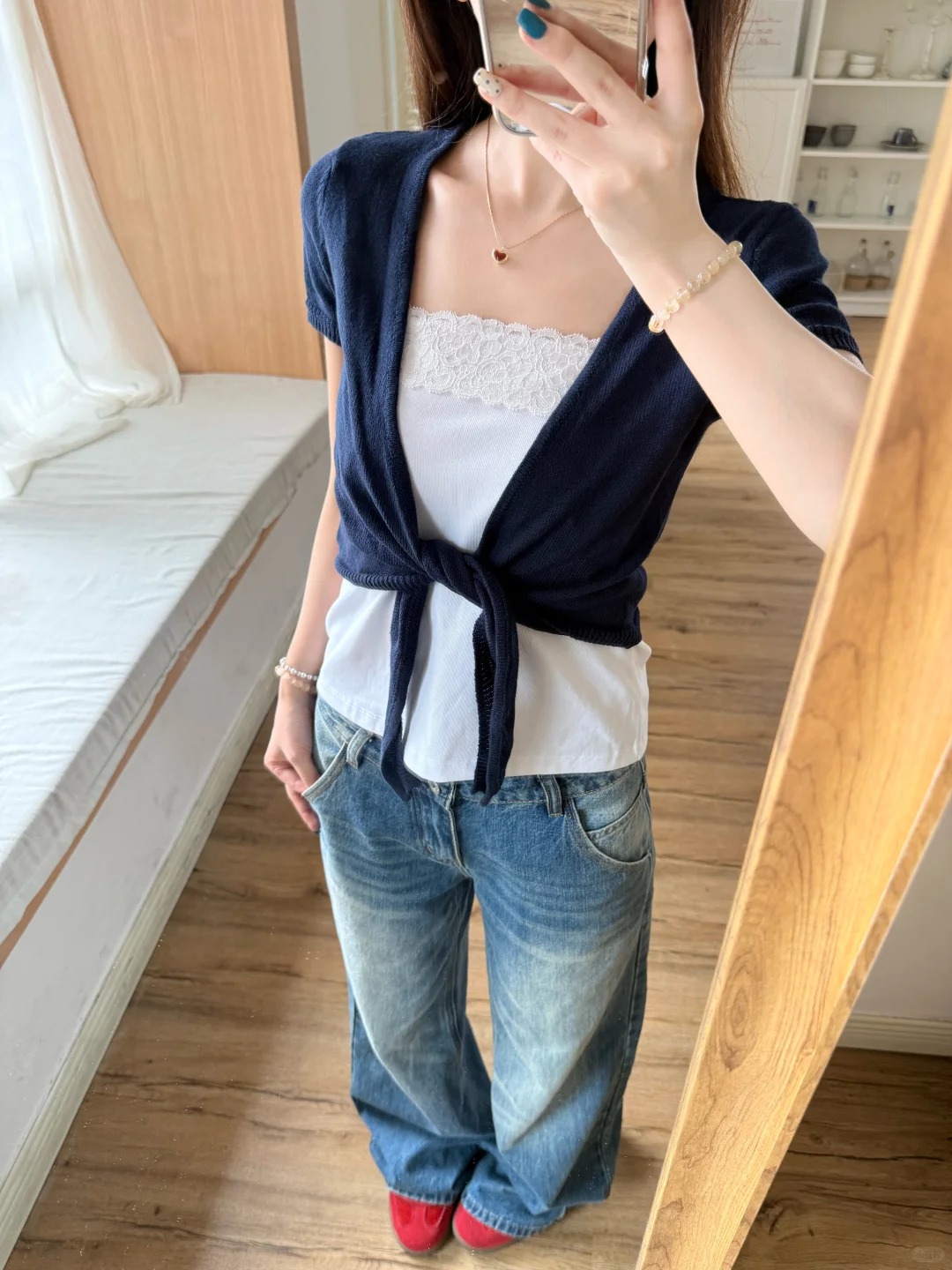 ネイビーレースアップカーディガン女性綿スリム V ネックニッ - Crop Cardigan Vintage のレビューと価格