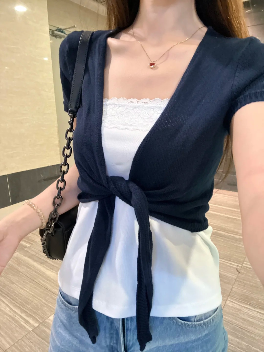 ネイビーレースアップカーディガン女性綿スリム V ネックニッ - Crop Cardigan Vintage のレビューと価格