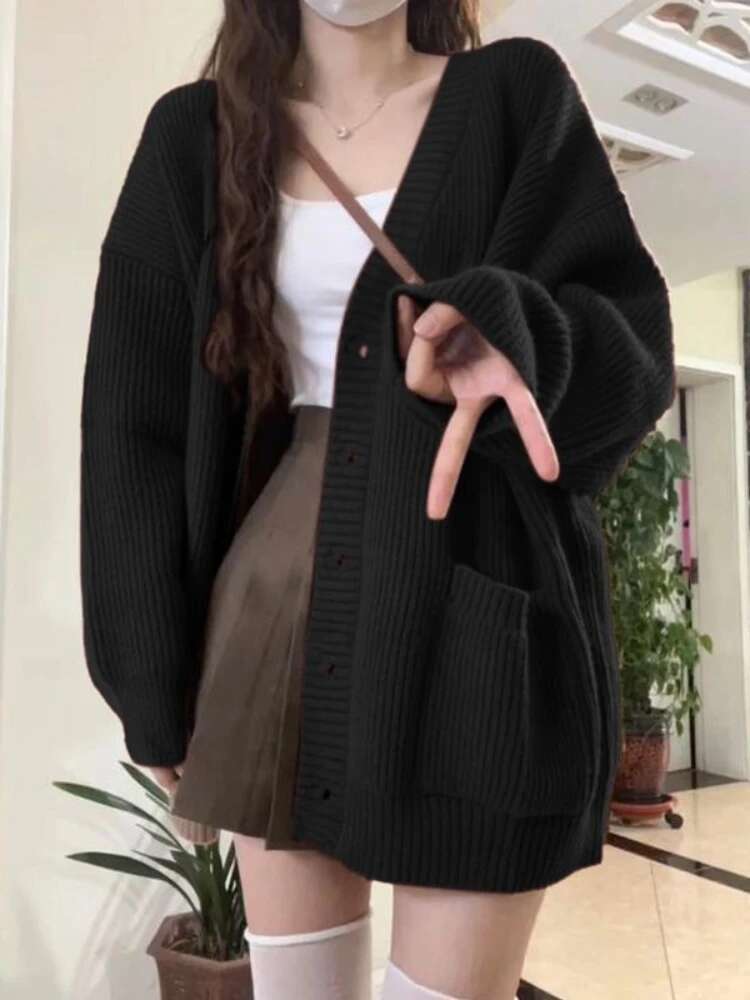 ルーズカーディガン女性長袖 V ネックニット黒だらしないオー - Crop Cardigan Vintage のレビューと価格