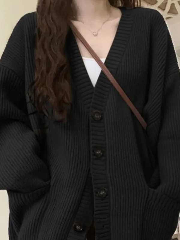 ルーズカーディガン女性長袖 V ネックニット黒だらしないオー - Crop Cardigan Vintage のレビューと価格