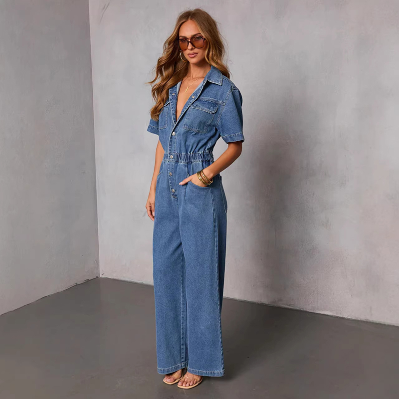 レトロファッション半袖デニムジャンプスーツ女性の夏のトレンド - Vintage Fashion Jeans のレビューと価格